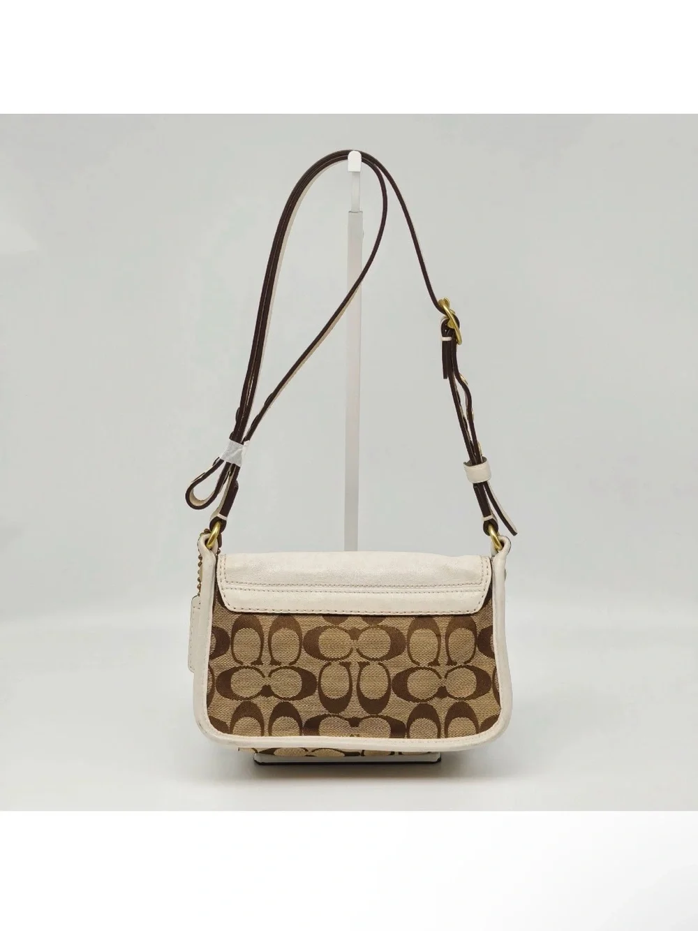 Coach Signature Mini Crossbody Bag Brown Canvas White Leather Flap Buckle Y2K